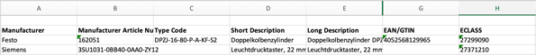 Excel-Screenshot mit ERP-Feldern