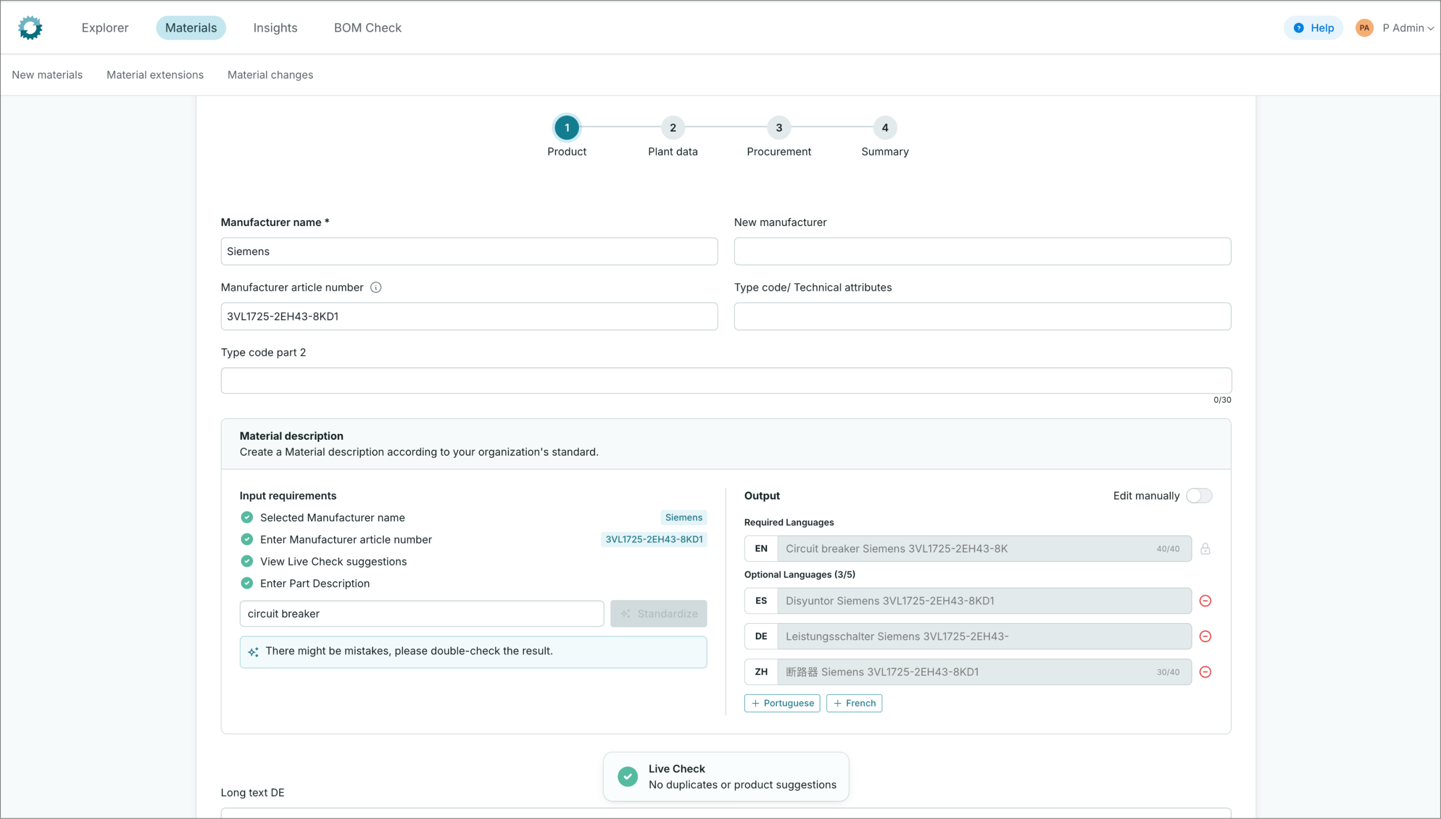 AI-generated spare part descriptions standardized across multiple languages using your organization’s rules. 
